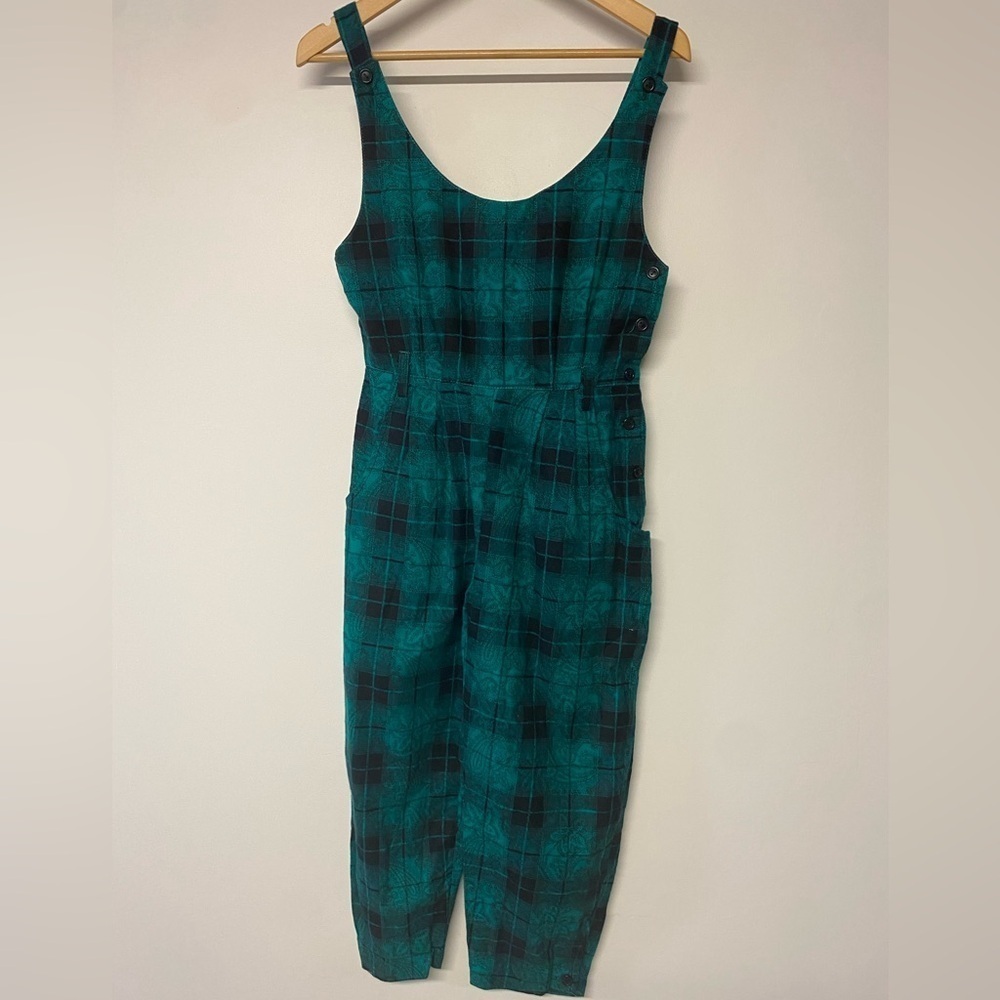 JONI BLAIR Vintage plaid romper black/teal size 7 Button side made in California - Picture 2 of 10
